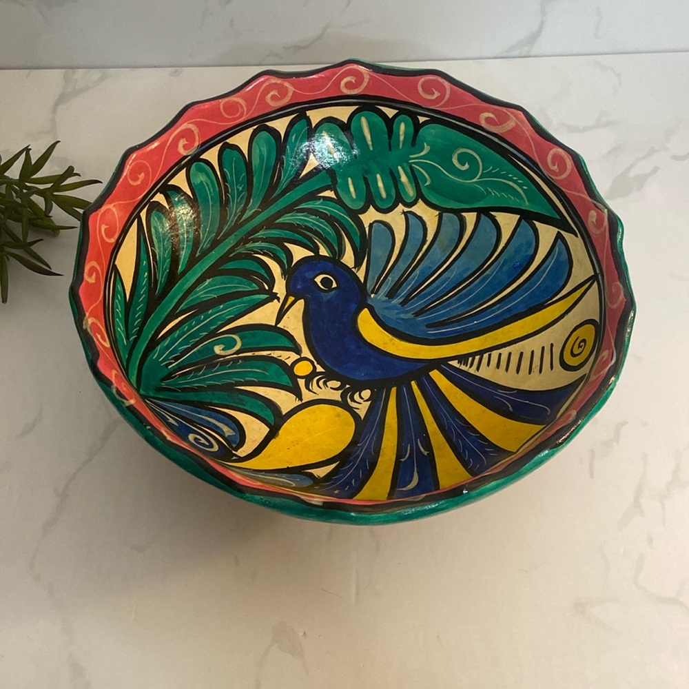 Vintage Handmade Pottery Terracotta Pedestal Bowl Colorful Bird blue Green Red